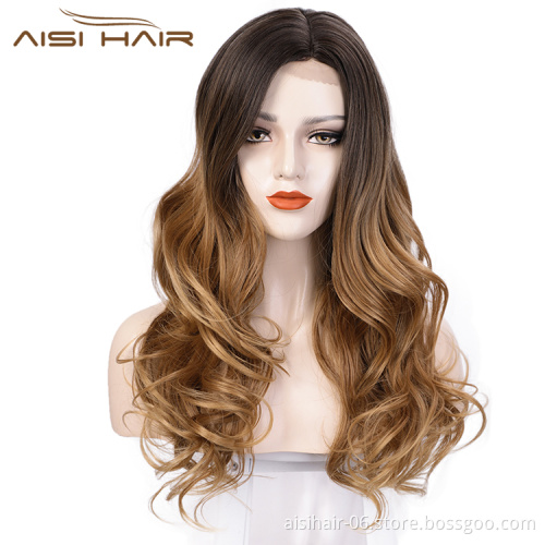 Ombre Brown Curly Wave Hot Selling Wholesale Cheap Vedor Swiss Lace Synthetic Hair For Black Women Lace Front Wig